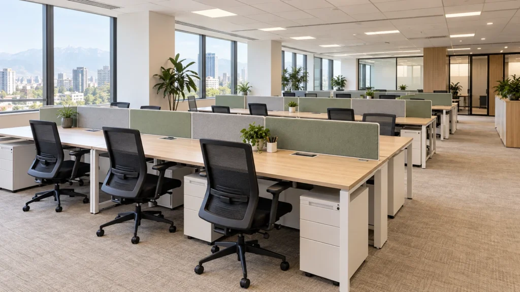 Oficina abierta referencial con escritorios de madera y separadores gris y salvia, generada con IA